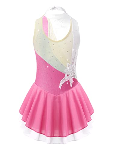 Feeshow Kids Girls Sleeveless Shiny Rhinestone Sequins Floral Printed Figure Ice Skating Dance Dress For Competition Pink&White 8 Years #TOP1