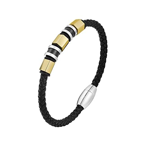 Geoffrey Beene Men's Braided Genuine Leather and Stainless Steel Filigree Accents Bracelet with Magnet Closure, Gold Cover