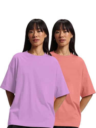 Image of JUNEBERRY Pure Cotton Drop Shoulder Oversized Baggy Fit Half Sleeve Plain Solid Round Neck Multicolor T-Shirt for Women & Girls (Pack of 2) (Sizes S-2XL)