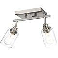 Wanluce 2 Light Track Lighting Kit Brushed Nickel Kitchen Track Lighting Fixtures Ceiling Mount Bathroom Vanity Wall Scones Light Fixture with Clear Glass, Rotatable Spotlight for Kitchen Shop Hallway
