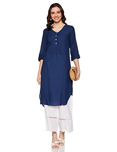 Image of BIBA Women Blue Cotton Solid Kurti