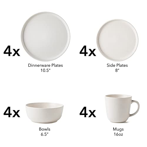 Arora Skugga Round Stoneware 16Pc Dinnerware Set Of 4, Dinner Plates, Side Plates, Cereal Bowls, Mugs - Matte White (466817) #TOP1