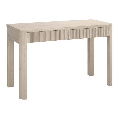 Henn&Hart 48' Fluted Modern Rectangular Wooden Home Office Desk Computer Desk Writing Table with 2 Ribbed Storage Drawers for Bedroom, Living Room, or Home Office, Beech White