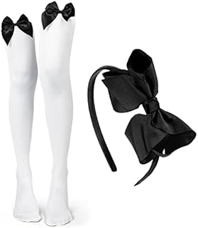 Geyoga White Thigh High Socks Bow Headband Set Opaque over Knee High Socks with Black Bows Grosgrain Ribbon Bow Tie Hair Band for Girls Ladies