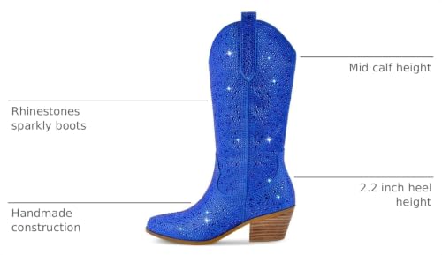 Image of Richealnana Sparkly Rhinestones Cowboy Cowgirl Style Boots Calf High Boots for Women 2INCH Heeled Shining Pull On Tabs