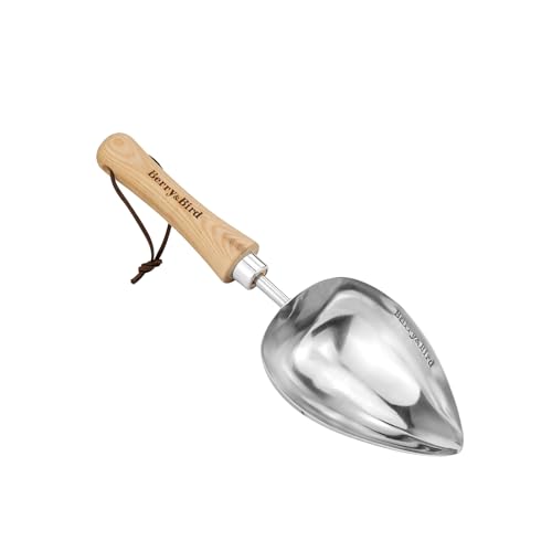 Berry&Bird Stainless Steel Heart Shaped Potting Scoop, Polished Metal Scoop with Ergonomic Wood Handle, Extra-Deep Garden Trowel for Mixing Fertiliser Transplanting Transporting Soil