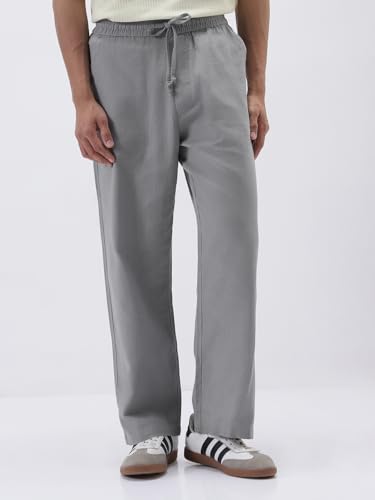 Image of Urbano Fashion Men's Loose Fit Solid Linen Blend Trousers Non-Stretchable