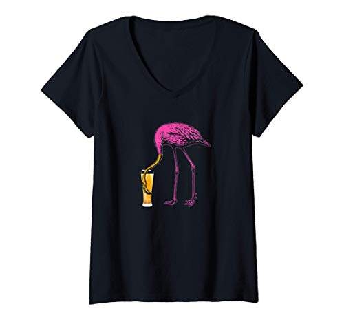 Donna Fenicottero Rosa Bere Birra Divertente Flamingo Maglietta con Collo a V