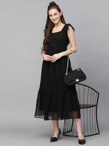 Image of Sugathari Georgette Jacquard Butti Square Neck Knee Length Western Dresses for Women (Dress2 89)