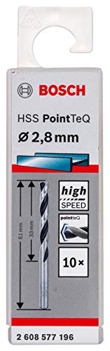 Bosch Accessories 2608577196 HSS PointTeQ (2,8 x 33 x 61 mm) - Set da 10 Pezzi di Punte Elicoidali per Trapano per Metallo, Acciaio, Fusione o Plastica, Grigio (Argento), Ø 2.8 mm