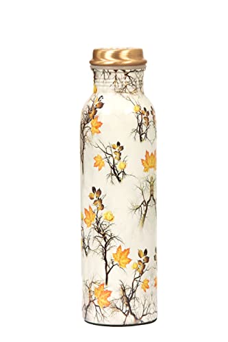 HEVEA Ayurvedic 100% Pure Cooper Water Bottle 1 liter with Premium Texture | Tamba/Brass Leakproof & BPA free (Orange-Flower-Design single)