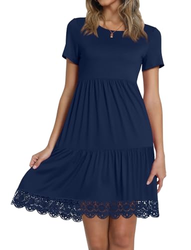 Image of TAOHUADAO Women's Summer Casual Tshirt Dresses Short Sleeve Ruffle Swing Lace Hem Dress with Pockets