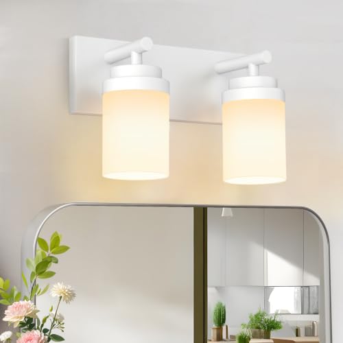 Image of IZORRO Bathroom Light Fixture White, White Glass Shade 15-Inch 2-Light