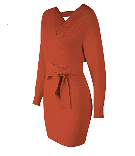 Mansy Women's Sexy Cocktail Batwing Long Sleeve Backless Mock Wrap Knit Sweater Mini Dress Orange - Thumbnail 6
