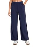 Oyamiki Casual Formal Trousers Women Loose Wide Leg Breathable Work Trousers with Elasticated Waist Classic Autumn Dressy Navy Blue M