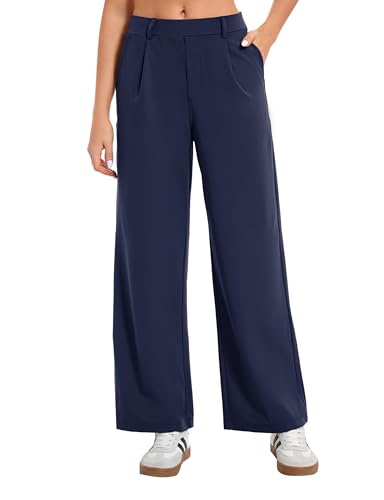 Oyamiki Women Palazzo Trousers Elegant Comfy Wide Leg Front Pleated Business Dress Pants Soft Fall Casual Trousers Navy Blue S