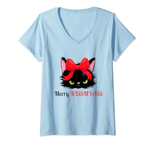 Merry Kissmyass Funny Black Cat Lover Xmas Christmas Costume V-Neck T-Shirt