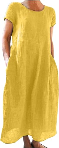 Sommerkleid Damen elegant Vintage Leinen Kleider Casual Rundhals Kurzarm Lang Bequeme Lockeres Baumwolle Leinen A Linie Maxikleid Einfarbig Mode Lässiges Freizeitkleid Blusenkleid Strandkleid