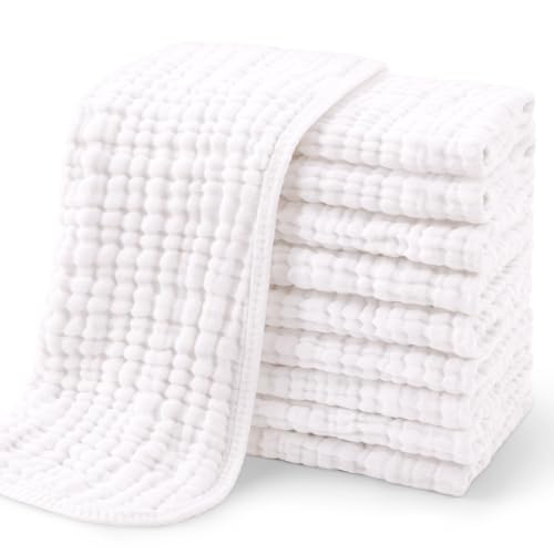 Image of Yoofoss Muslin Burp Cloths for Baby 10 Pack 100% Organic Cotton Baby Washcloths for Boys Girls Large 20''X10'' Super Soft and Absorbent White