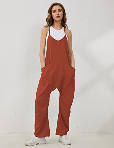 Lentta Women's Causal Jumpsuits V Neck Sleeveless Harem Overalls Stretchy Adjustable Strap Romper with Pockets(Rust-XXL)