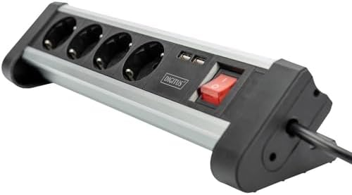 DIGITUS DA-70614 – Steckdosenleiste mit USB – 1 Stück – 2x USB Port (USB-A) – 4x Schutzkontakt Steckdose – Mit Schalter – USB Ladegerät – Für Schreibtisch & Wandmontage