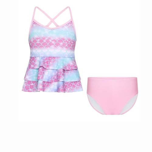 Kids Girls Sleeveless Criss Cross Straps Swim Tops with Bottom Fish Scales Print Surfing Bathing Suit3