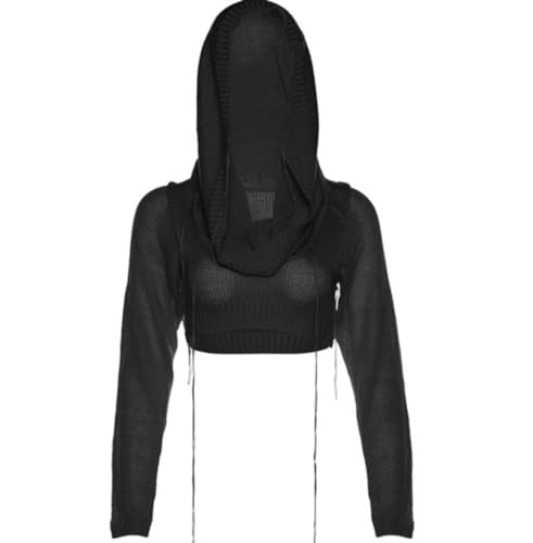 Image of Women Knitted Hoodie Sweater Vest Sexy Sleeveless Hollow Out Hooded Crop Top Streetwear Rave Oufit