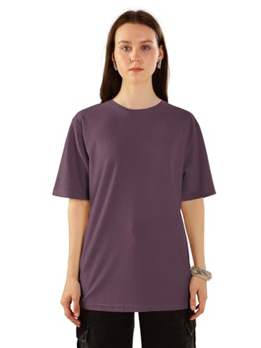 Image of HELLCAT Trendy Textured Half Sleeve Oversized Hexagon Waffle Crew Neck Tshirt for Women