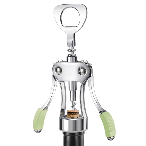 Image of KORCCI Wine Opener, Heavy-Duty Zinc Alloy Wing Corkscrew, Premium Beer Bottle Opener, Multifunctional Wine Accessories with Ergonomic Handle and Sharp Screw, for Kitchen, Bar, Restaurant (GREEN)