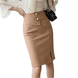 Pulcykp Falda de tubo de oficina para mujer, hasta la rodilla, cintura alta, caderas, falda cruzada, diseño de pliegues, falda casual, caqui, 40
