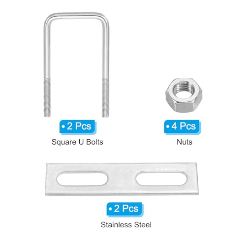 Image of PATIKIL M10x70x100mm Square U-Bolts Kit, 2Set 304 Stainless Steel Square U Shaped Bolts Replacement Parts with Frame Plates and Nuts for Ski Board Sailboat Trailer