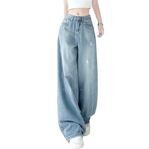 Women's Loose high Waisted Slimming Straight Leg Pants Retro Washed Ripped Pants Wide Leg Jeans Woman