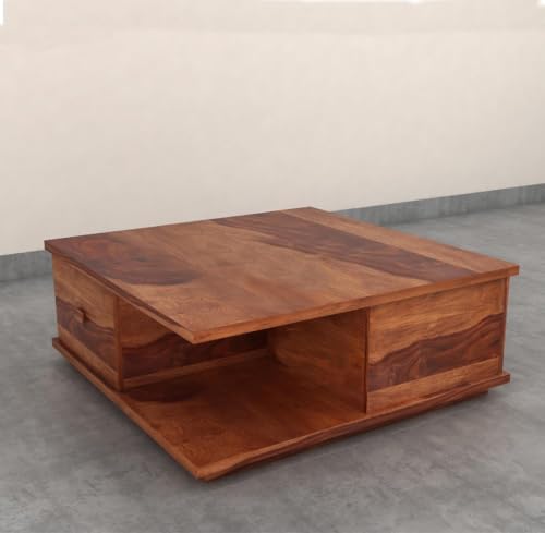 Image of Sheesham Wood Coffee Table with 2 Drawer Storage | Wooden Hallway Table for Living Room | Centre Table for Bedroom | Teapoy Tea Table (Honey Finish)