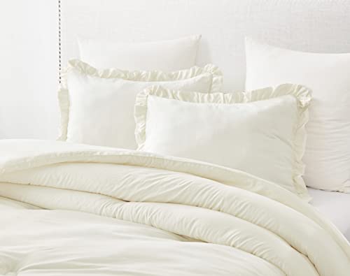 Chezmoi Collection Nora 3-Piece Ruffled Edge Trim Soft Washed Microfiber Comforter Set (Queen, Ivory) #TOP1