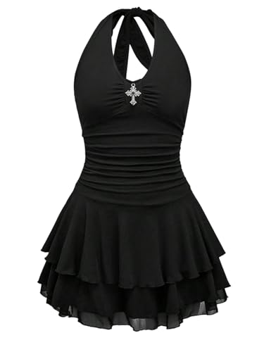 SweatyRocks Minikleid Damen Sexy Kurz Sommerkleid A Linie Y2k Neckholder Kleid Mit Halskette Gothic Kleid V Ausschnitt Partykleid Rückenfreie Kleider...