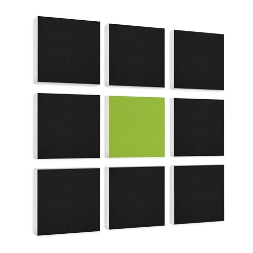 platino24 Akustikpaneele aus Basotect G+ mit Akustikfilz I 9 Stück I 27,5 x 27,5 cm I Wandpaneele in Schwarz & Hellgrün I Paneele aus Schaumstoff I Akustikplatten zur Schalldämmung in Büro & Wohnung