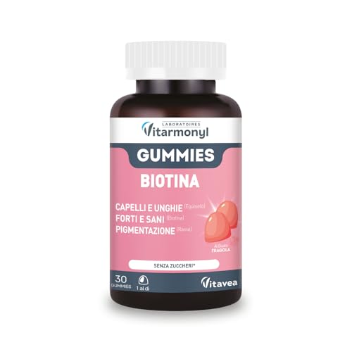 Gummies Biotina Capelli e Unghie - Integratori per Capelli - Con Biotina, Rame e Zinco - Crescita, Forza e Lucentezza - Senza Zuccheri - 30 Caramelle Gommose - Gusto Fragola