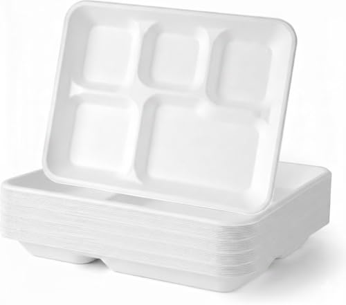 BIRCHIO 100 Pack 5-Compartment Plate Disposable, Compostable Divided Disposable Dinner Plates, Paper Tray for Food for Dinner and Party