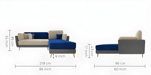 Image of Modern & Luxury Cushioned Couch Relax sectional Sofa in Fabric & Velvet and Heavy Duty Sofa Ideal for bedrooms, Living Rooms, Guest Rooms and Office-(LHP 4 Seater Blue & Beige).