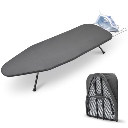 Yiomxhi Bügelbrett Klappbar mit Bügeleisenablage, Tischbügelbrett mit hitzebeständiger Bezug und Metallgitter, Klein Bügeltisch für Dampfbügelstation Reise & Zuhause, Dunkelgrau