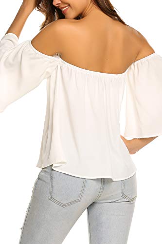 Bluetime Women Summer Cute Off Shoulder Tunic Tops Bell Ruffle Sleeve Blouses Casual Loose T-Shirts (M, White) #TOP4