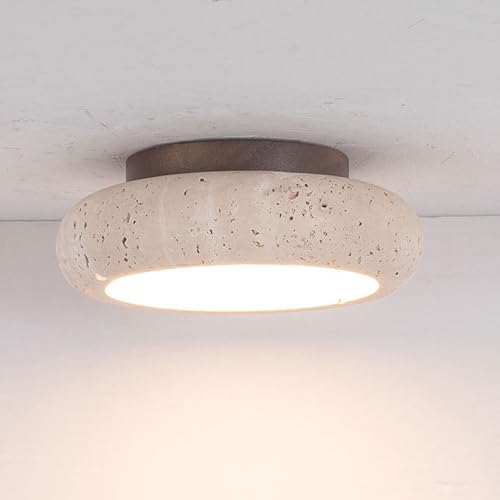 LLXDFUU Plafonnier encastré en pierre naturelle vintage Bol en travertin jaune Luminaires de chambre à coucher pour montage au plafond 18W Salon Plafonnier nordique 3000K Lustre rond pour salle de bai