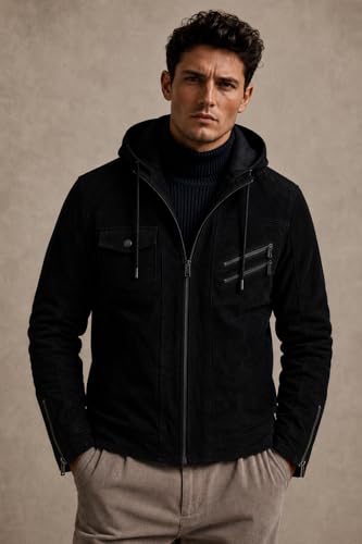 Image of Blaq Ash Men's Suede Biker Jacket, Black, with Removable Hood, Fleece Lined, Zip Closure