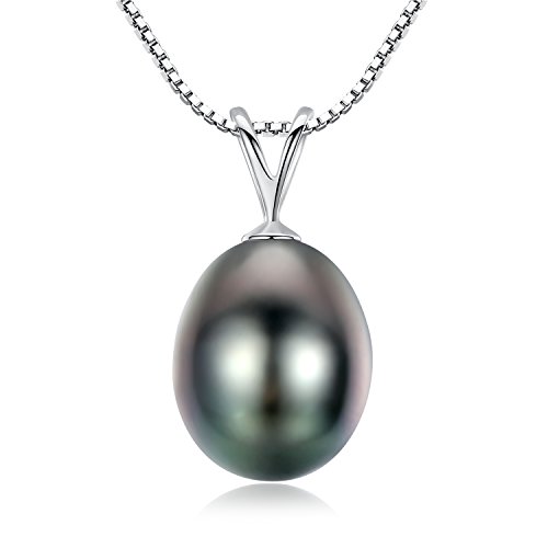 VIKI LYN Collier de perles noires de Tahiti pour femmes Pendentif de perles noires de culture de Tahiti de 9-10 mm en forme de goutte avec en argent sterling...