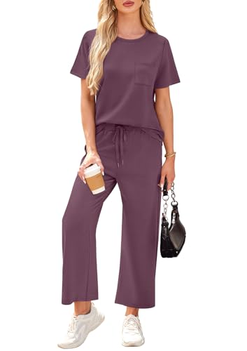 Image of WIHOLL 2 Piece Sets for Women Casual Summer Travel Vacation Outfits Short Sleeve Wide Leg Crop Pants Lounge Sets