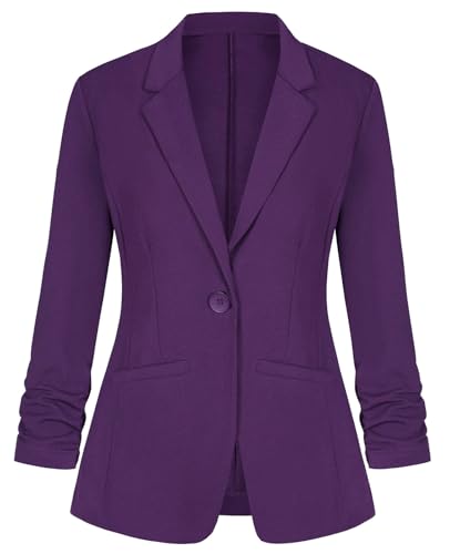 Blazers for Women Dressy Casual Ruched 3/4 Sleeve Lapel Button Work Office Cardigan Suit Jacket with Pockets