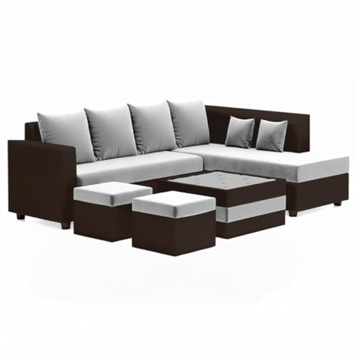 Image of CASASTYLE Stylify 8 Seater Fabric RHS L Shape Sofa Set with 1 Centre Table & 2 Ottoman (Light Grey-Dark Brown) 8 Person Seating with Premium Velvet Finish | Ideal for Living Room