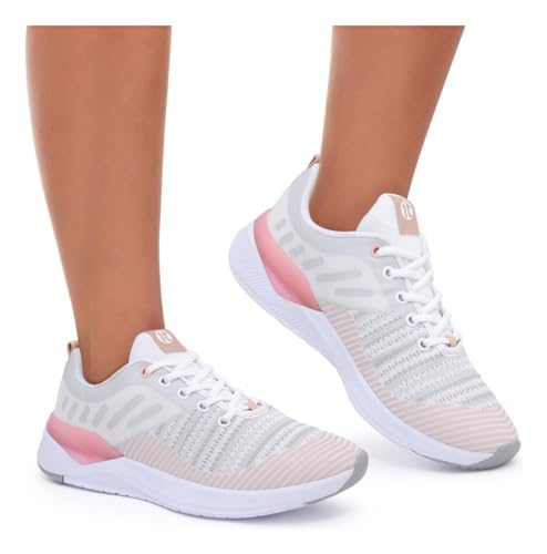 Tênis Esportivo Feminino Amortecedor Gel Academia Caminhada (Branco/Nude, BR, Adulto, Numérico, 37)