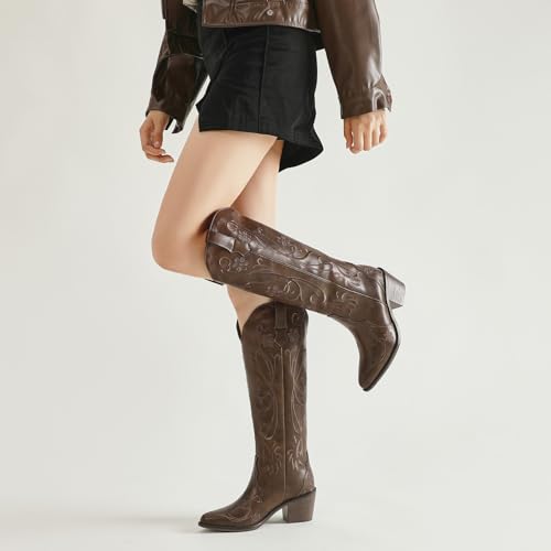 Cowboy Boots for Women Embroidered Knee High Vintage Western Womens Cowgirl Boots Pointed Toe Chunky Heel3