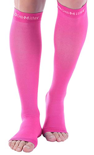 Doc Miller Open Toe Socks – 1 Pair Compression Socks Women & Men 20-30mmHg Support Stockings Restless Legs Air Travel DVT Shin Splints Varicose Veins Legging Medical Grade Nurses (Pink,X-L)